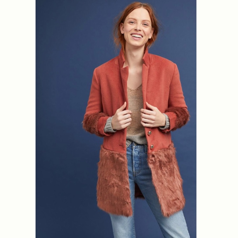 NEW Anthropologie Faux Fur-Trimmed Tailored Coat